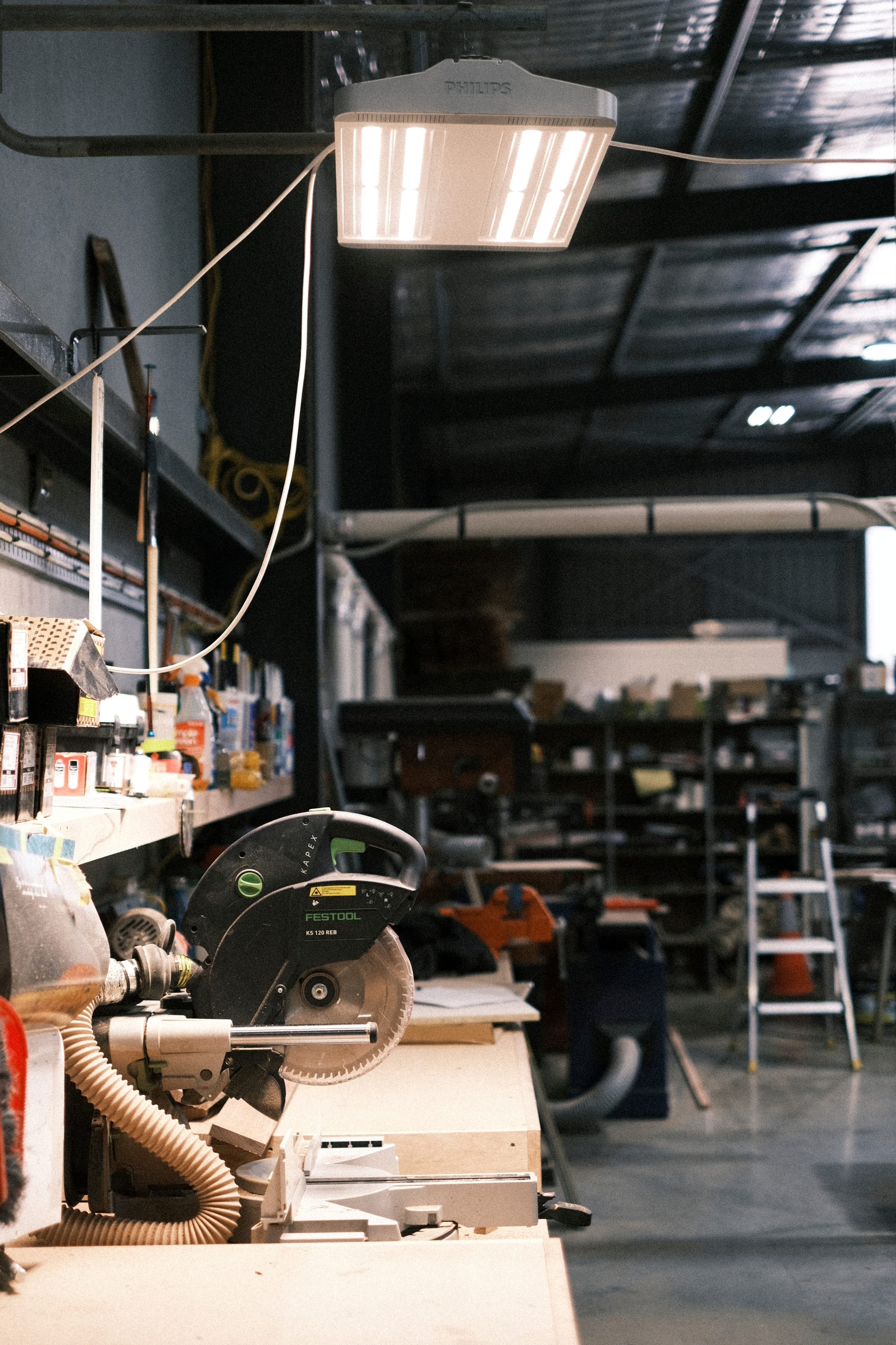 Workshop at Base Cabin. Workshop environment featuring circular saw.