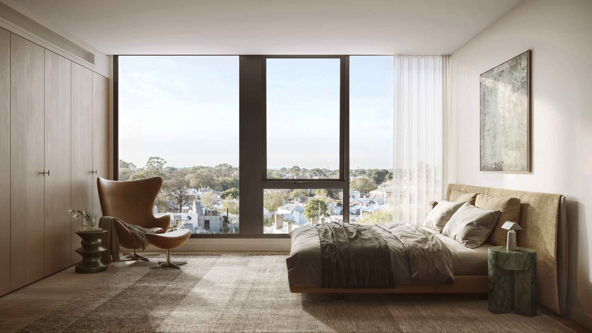 33 Queens Parade by Prime Edition. Modern bedroom featuring earthy hues and view to neighborhood.