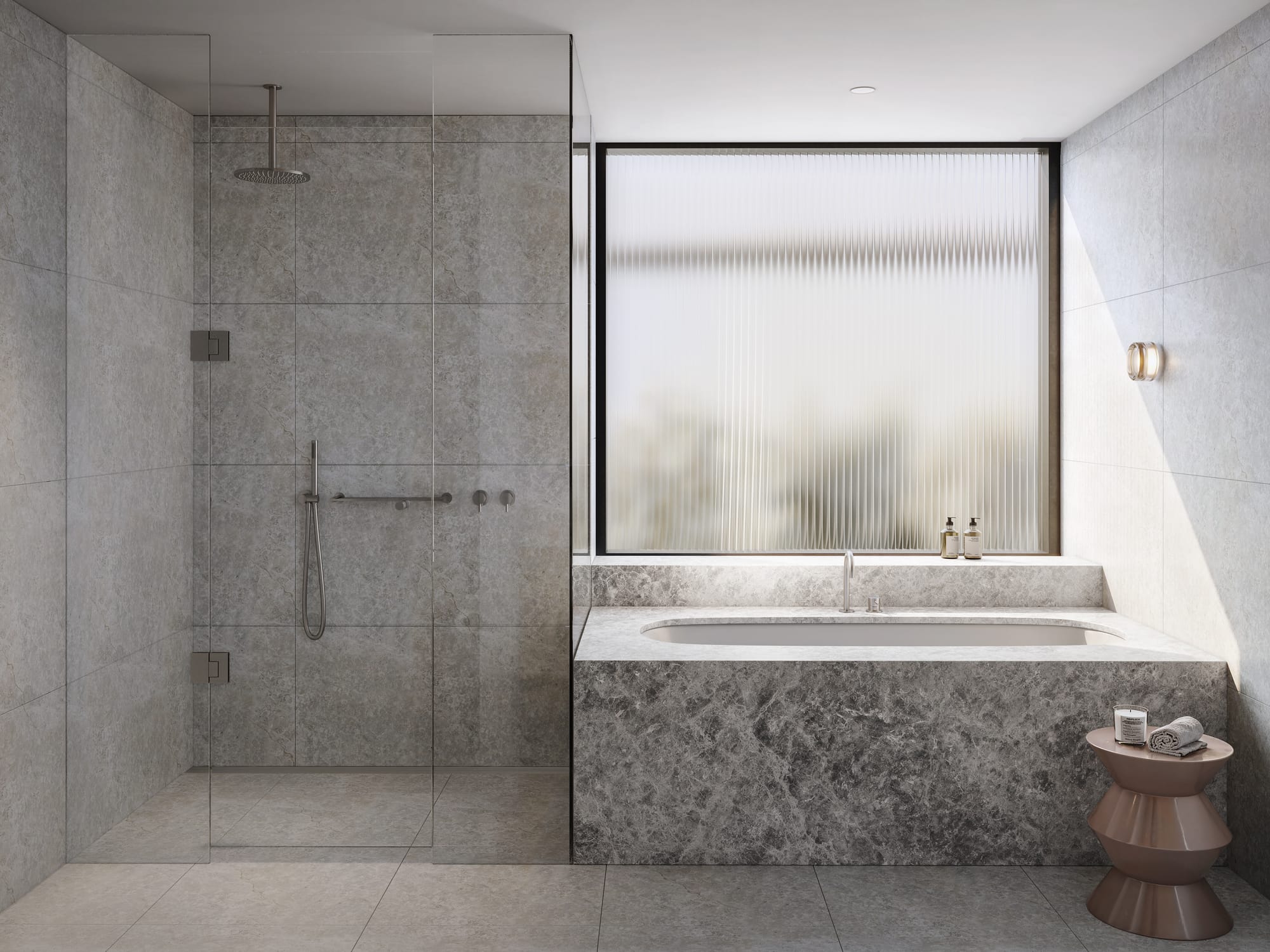 33 Queens Parade by Prime Edition. Modern bathroom featuring glassed shower and bathtube against wall of glass.