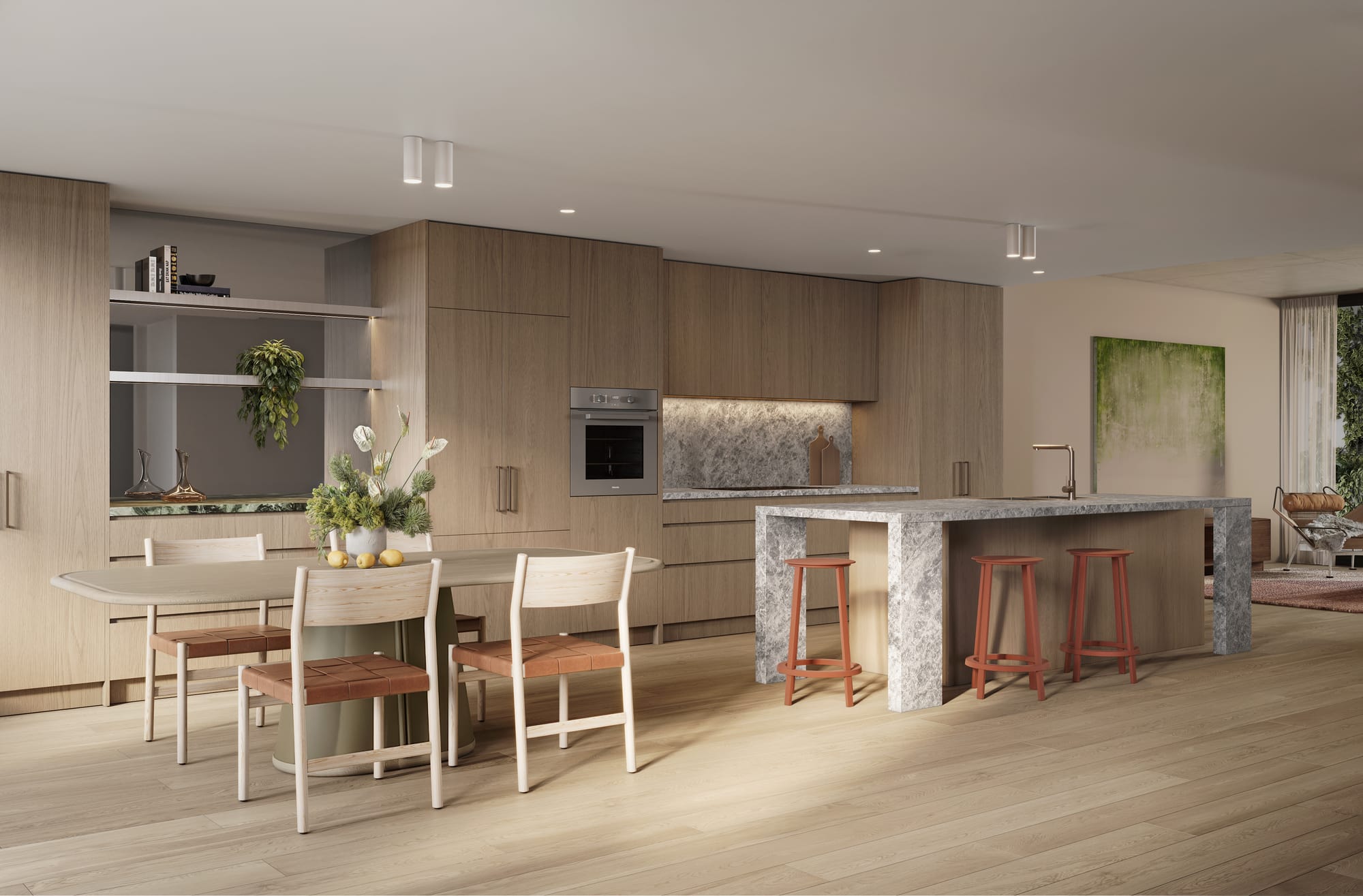 33 Queens Parade by Prime Edition. Modern wooden kitchen featuring grey marble kitchen island and wooden dining area.