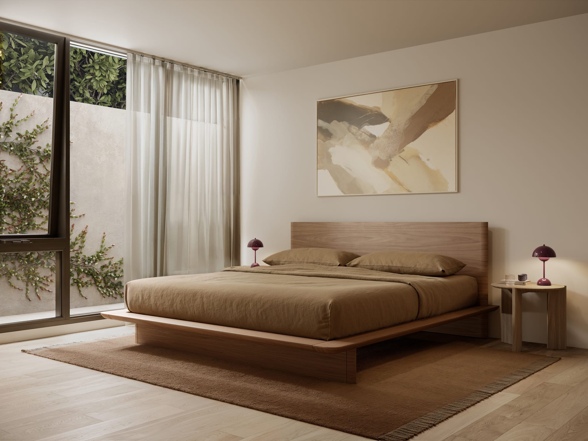 33 Queens Parade by Prime Edition. Modern bedroom in earthy hues with view to nature.