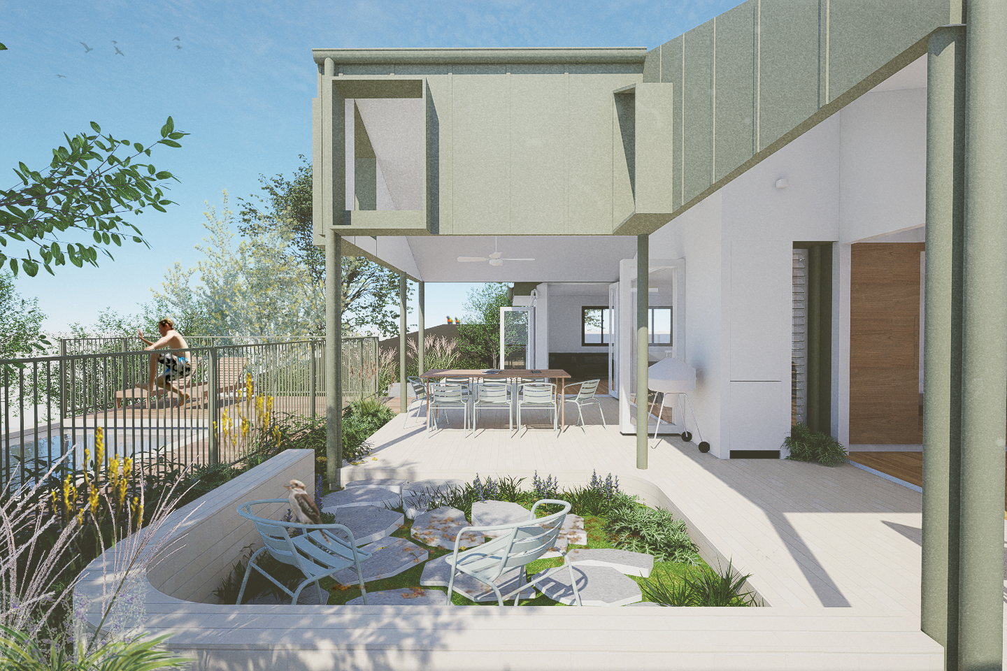 Lake House by North of the Gum. Rendering outside view on building and garden featuring on poles elevated double storey and sage facade.