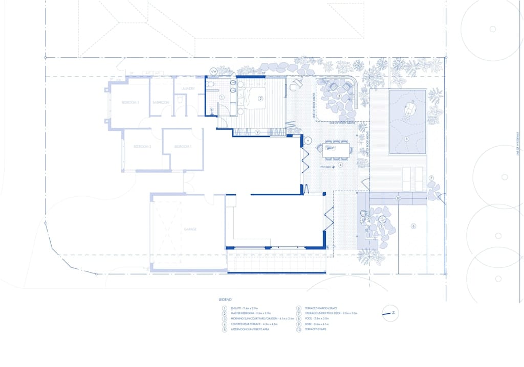 Lake House by North of the Gum. Family home ground floor drawing featuring interior and exterior spaces.