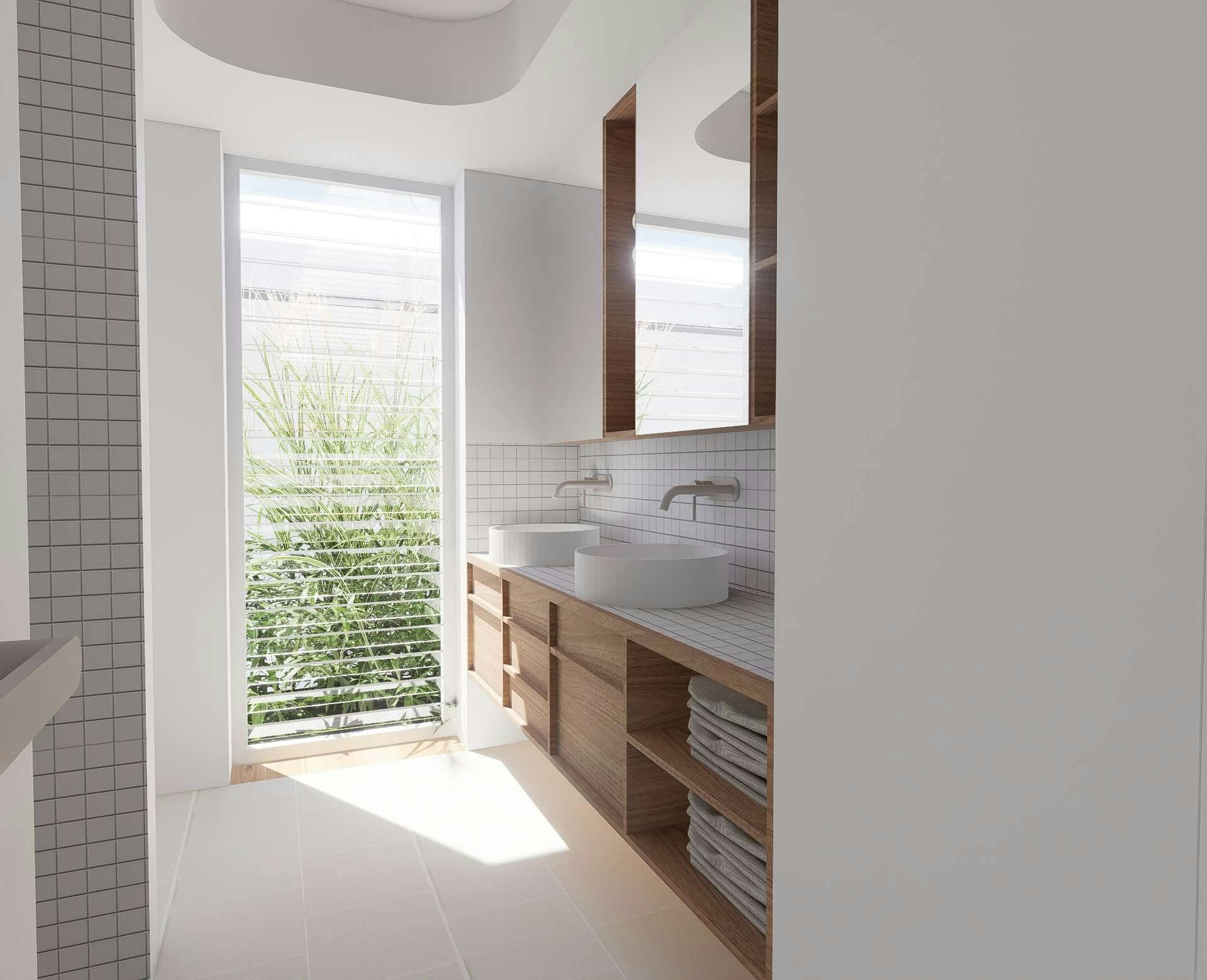 Lake House by North of the Gum. Bathroom interior in Scandic design featuring white squared tiles and oak cabinet.