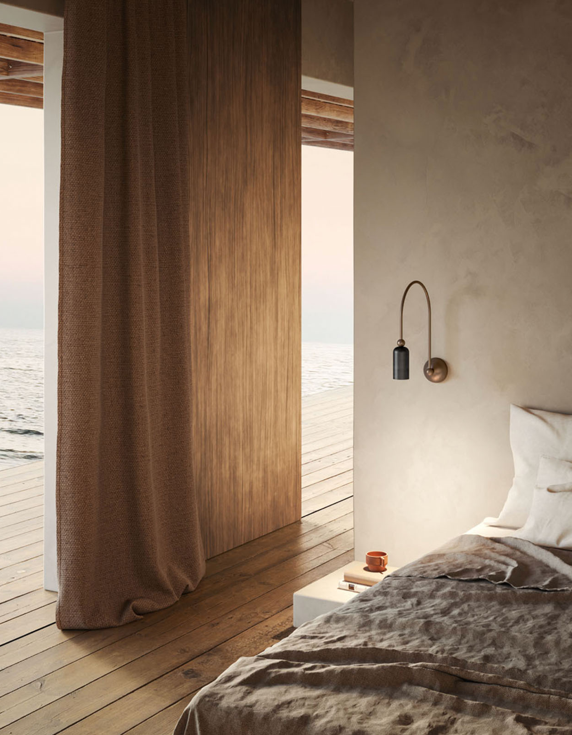 Madame Wall Light by Il Fanale with Lighterior. Bedroom with ocean view and designer wall light.