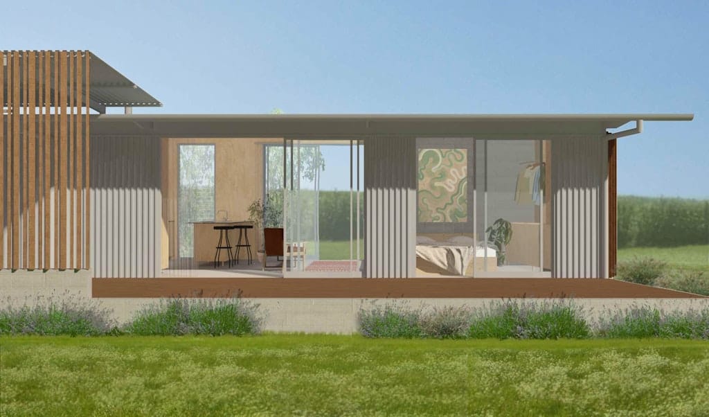 River Studio by North of the Gum. Outside view rendering of a studio featuring bedroom and living space.