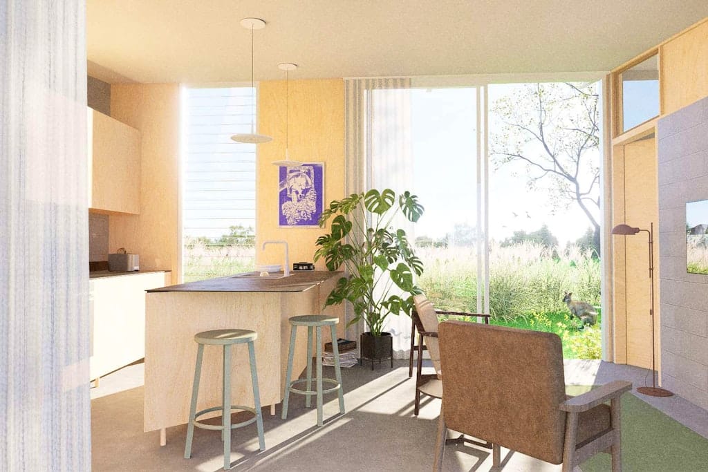 River Studio by North of the Gum. Interior rendering of light flooded studio space featuring kitchen and living area.