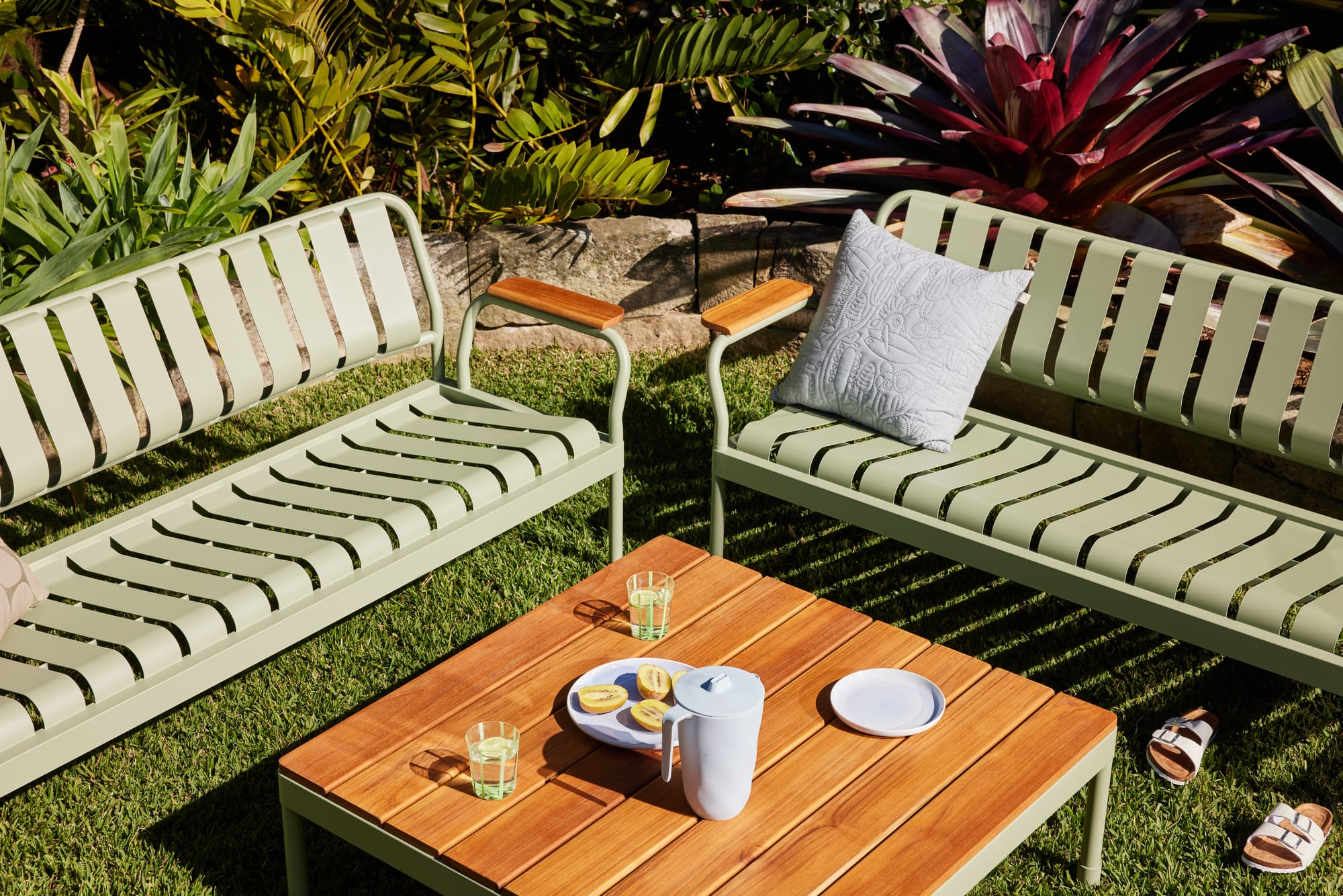 Torakina Outdoor by Koala Living. Outdoor Lounge Set a 4 seater benches and squared coffee table featuring local oak and sage green steel frame.