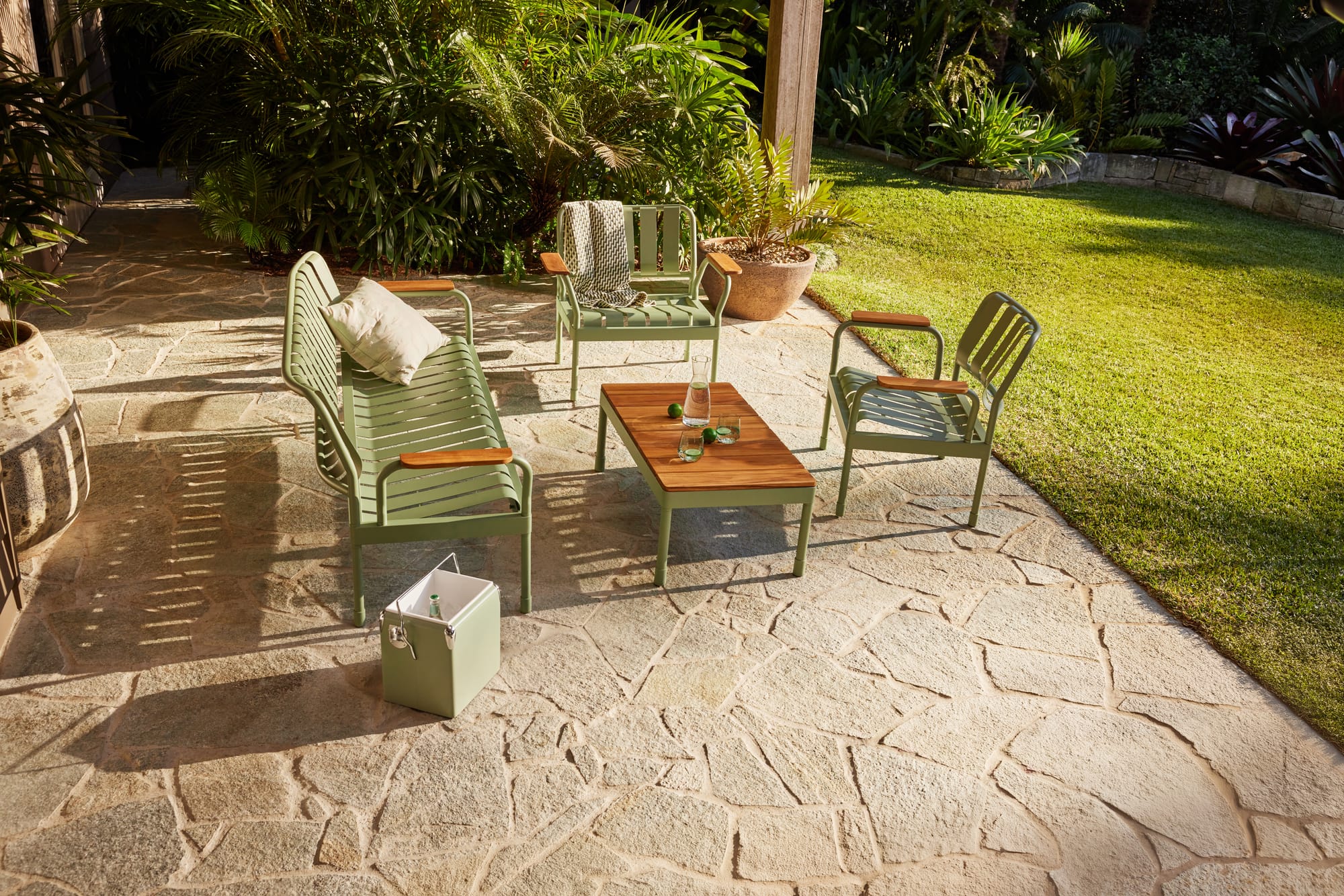 Torakina Outdoor by Koala Living. Outdoor Lounge Set featuring 3 seater bench, armchair and coffee table, weather resistant materials in sage green.