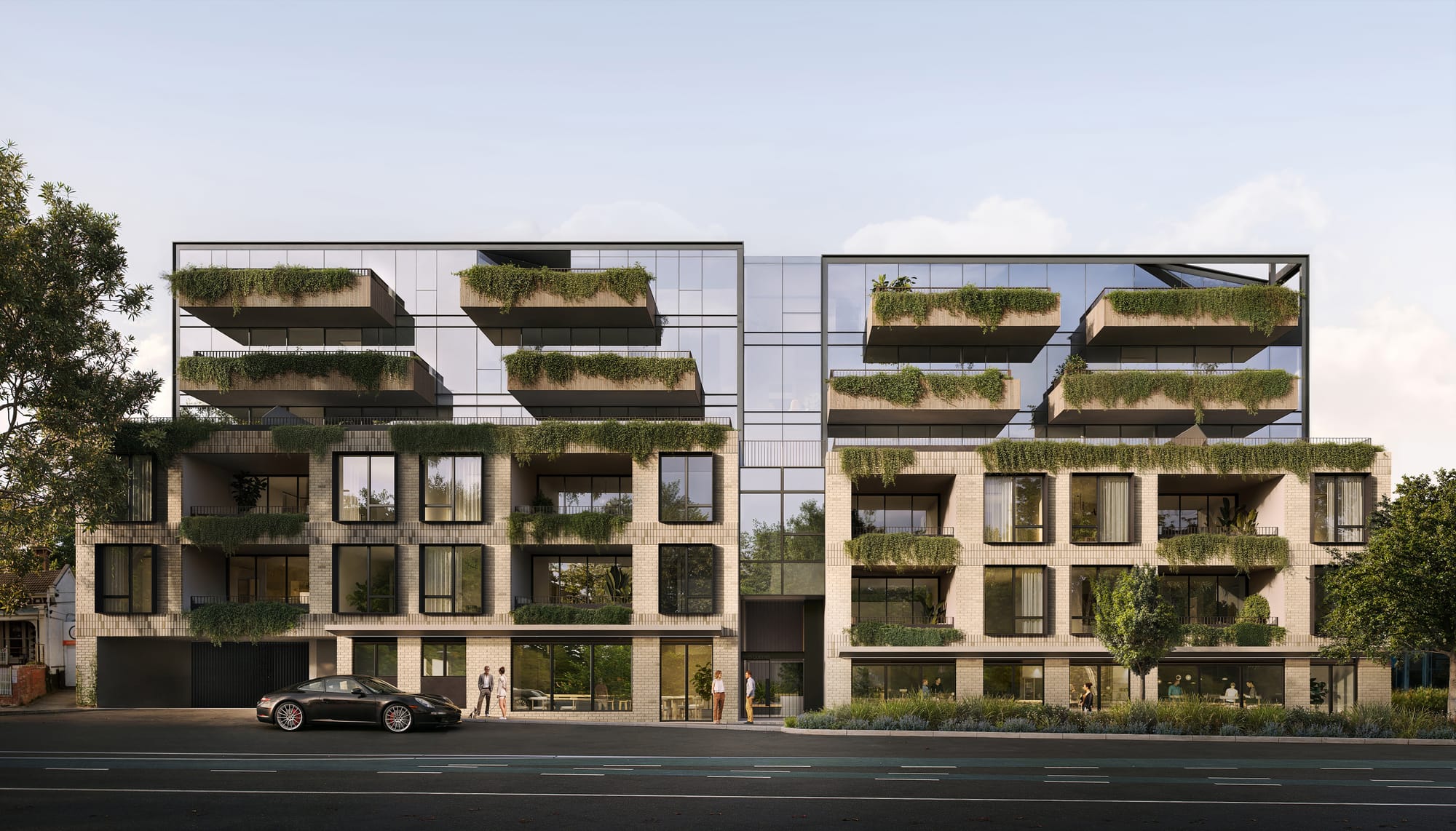 An external render of 33 Queens Parade showing the glass facade and garden cascading down the balconies