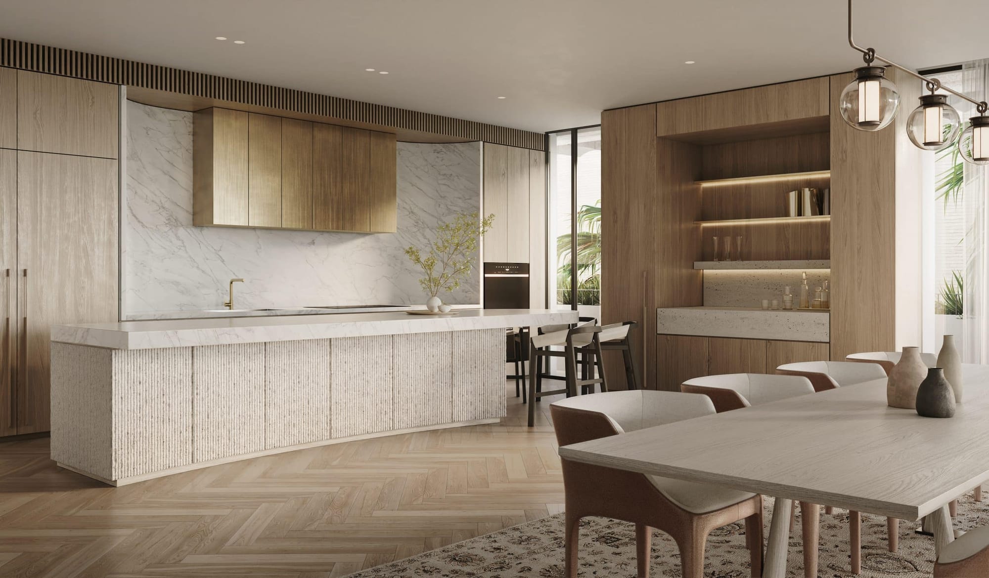 An interior render image of the kitchen and dining space in one of the Avoca apartments by Prime Edition