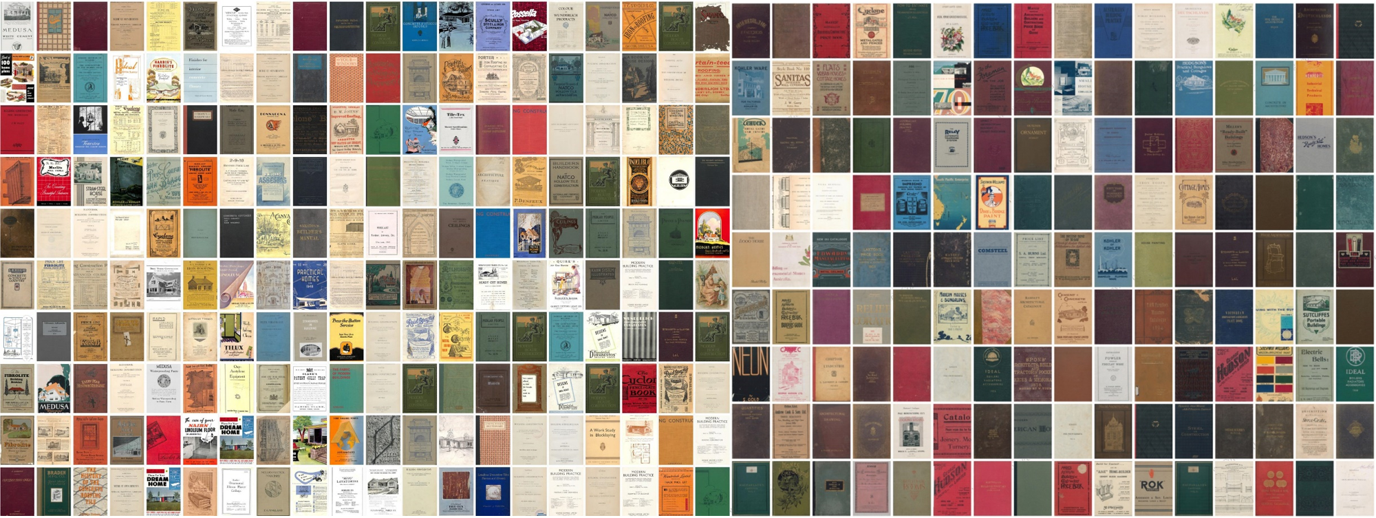 Building Technology Heritage Library Collection Overview by Restore Conservation Services. Image copyright of Restore Conservation Services. Grid of different book covers. 