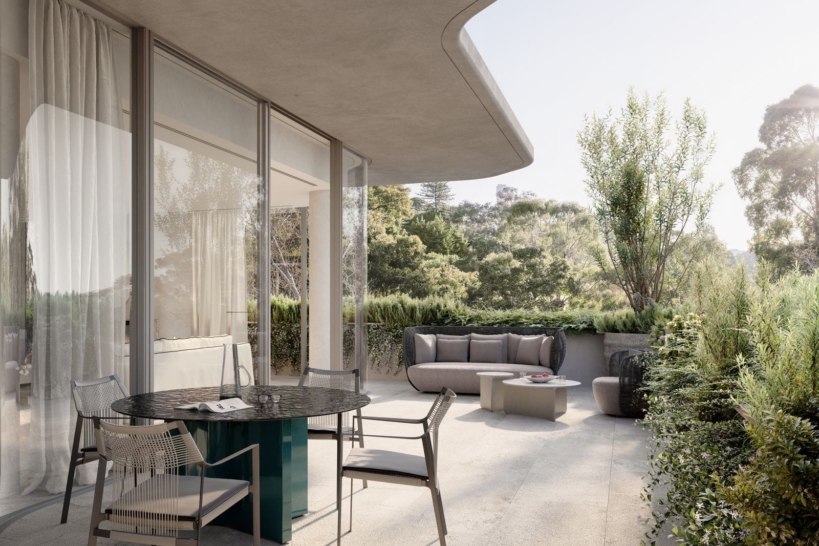 An external render showing a courtyard space looking out over greenery.