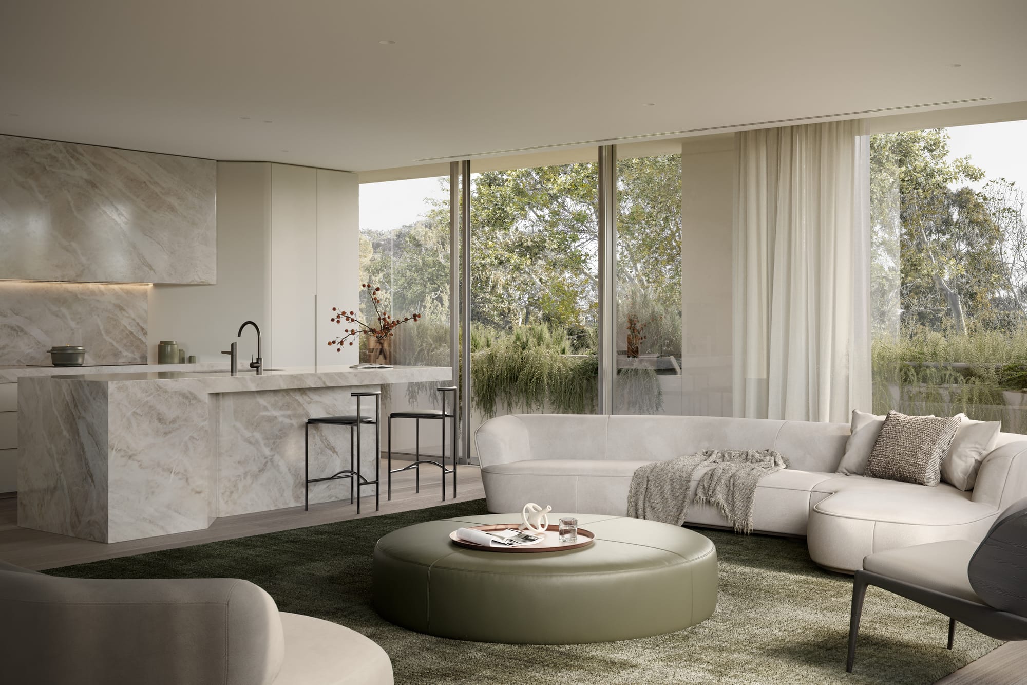 Como, Toorak by Prime Edition. Modern living area featuring Carrara Marble kitchen, lounge space with white sofa and view to vegetated balcony.