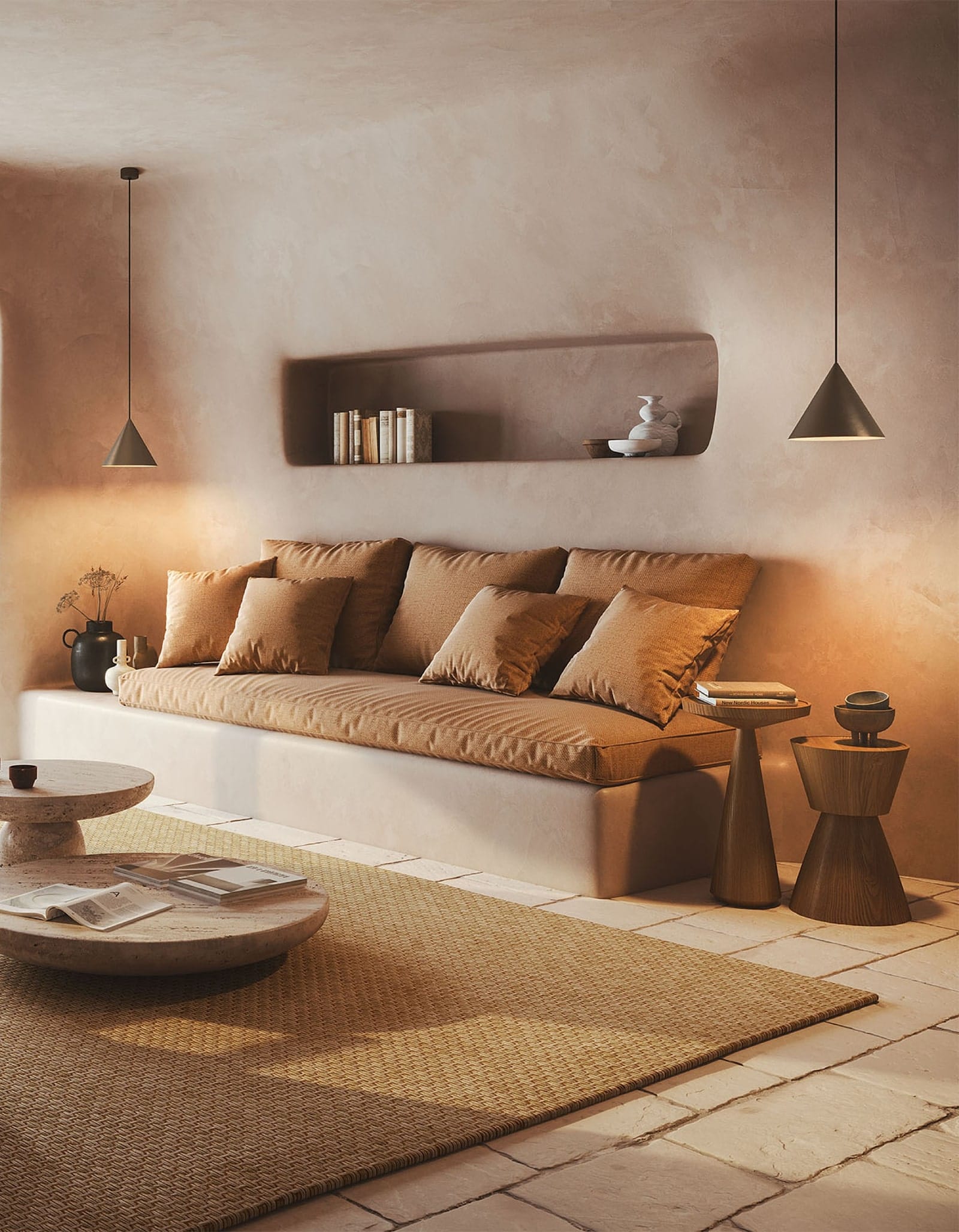 Cone Pendant Light by Il Fanale with Lighterior. Living room featuring warm atmosphere cone shaped pendant lights, integrated sofa and travertine coffee tables.