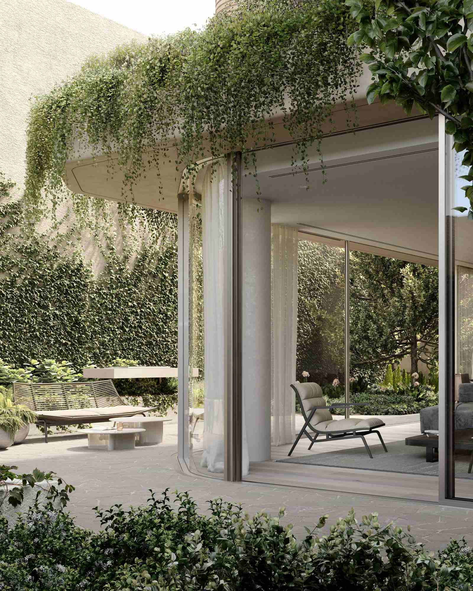 An external render showing the courtyard of an apartment at Como Toorak showing how it connects with the greenery.