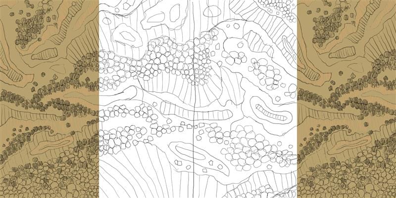 Early drafts of Sandstone Woodlands by Nathan Louey. Image copyright of Nathan Louey. Handdrawn sketch of abstract tile pattern with white and beige background. 