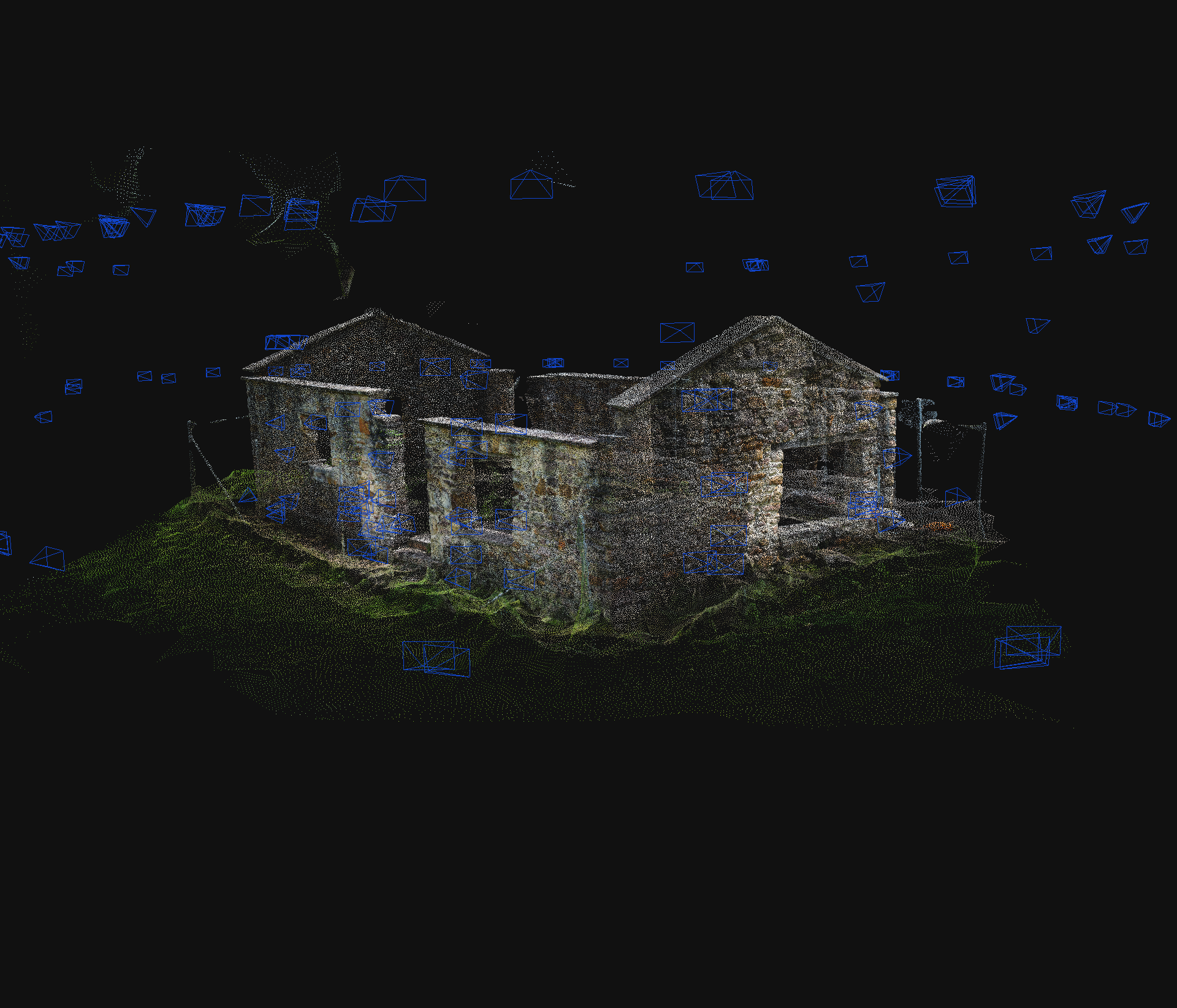 Sandstone Ruin Pointcloud by Restore Conservation Services. Image copyright of Restore Conservation Services. Digital image of heritage structure constructed from various coloured dots on black background. 