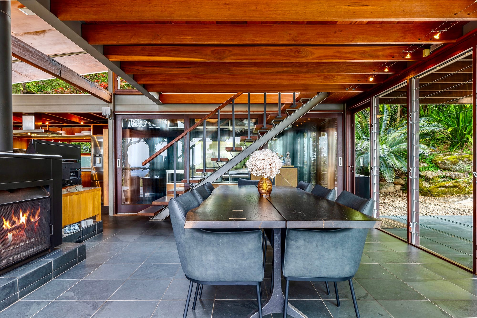 Dadirri Retreat showing the dining room and steel staircase