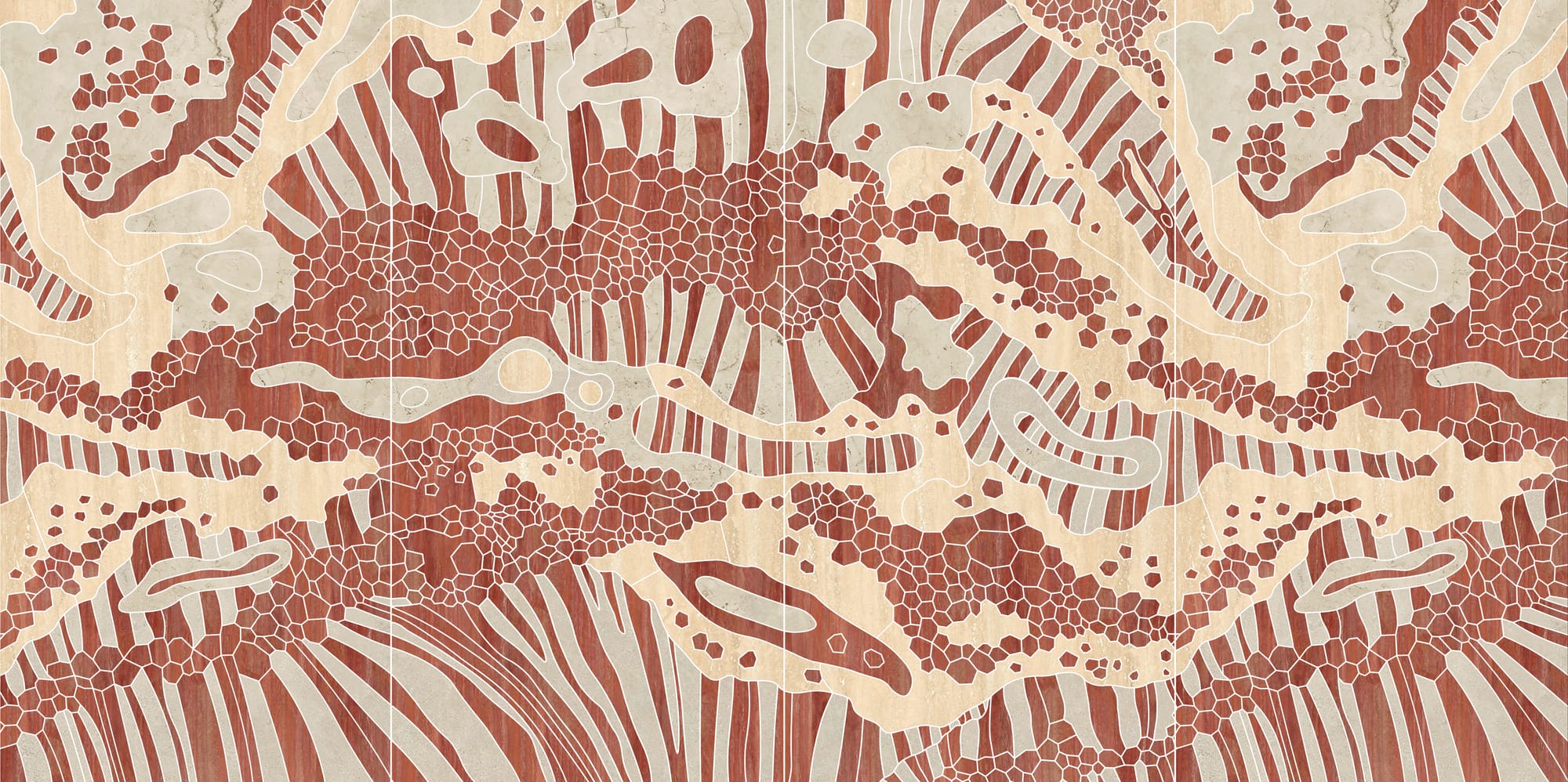 Sandstone Woodlands by Nathan Louey. Image copyright of Nathan Louey. Abstract art in a clay and cream colourway, made up of several panels arranged horizontally to create one image. 