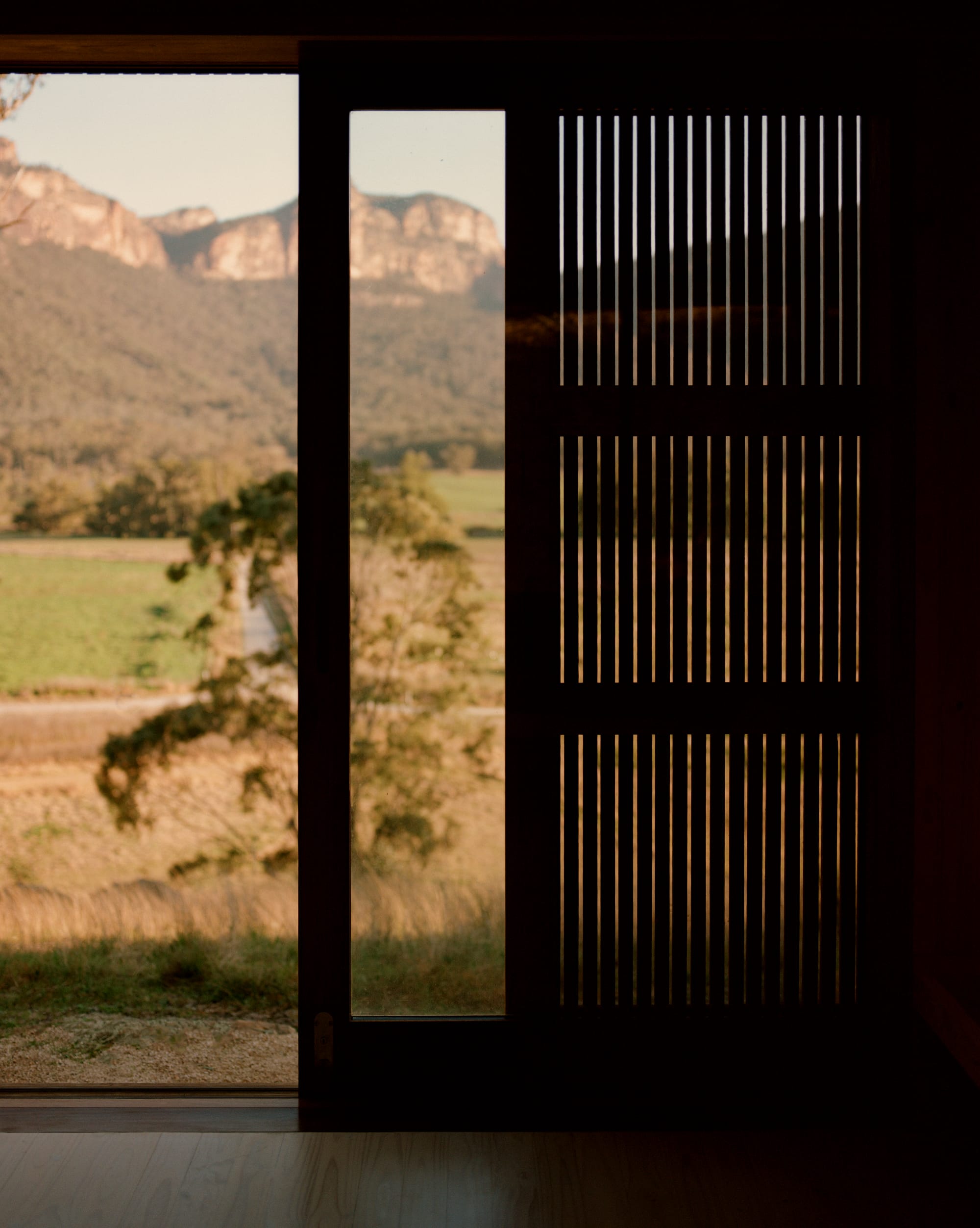 Practice Ground. Photography by Saskia Wilson. Shadowy image of sliding perforated timber door in front of bushland landscape.