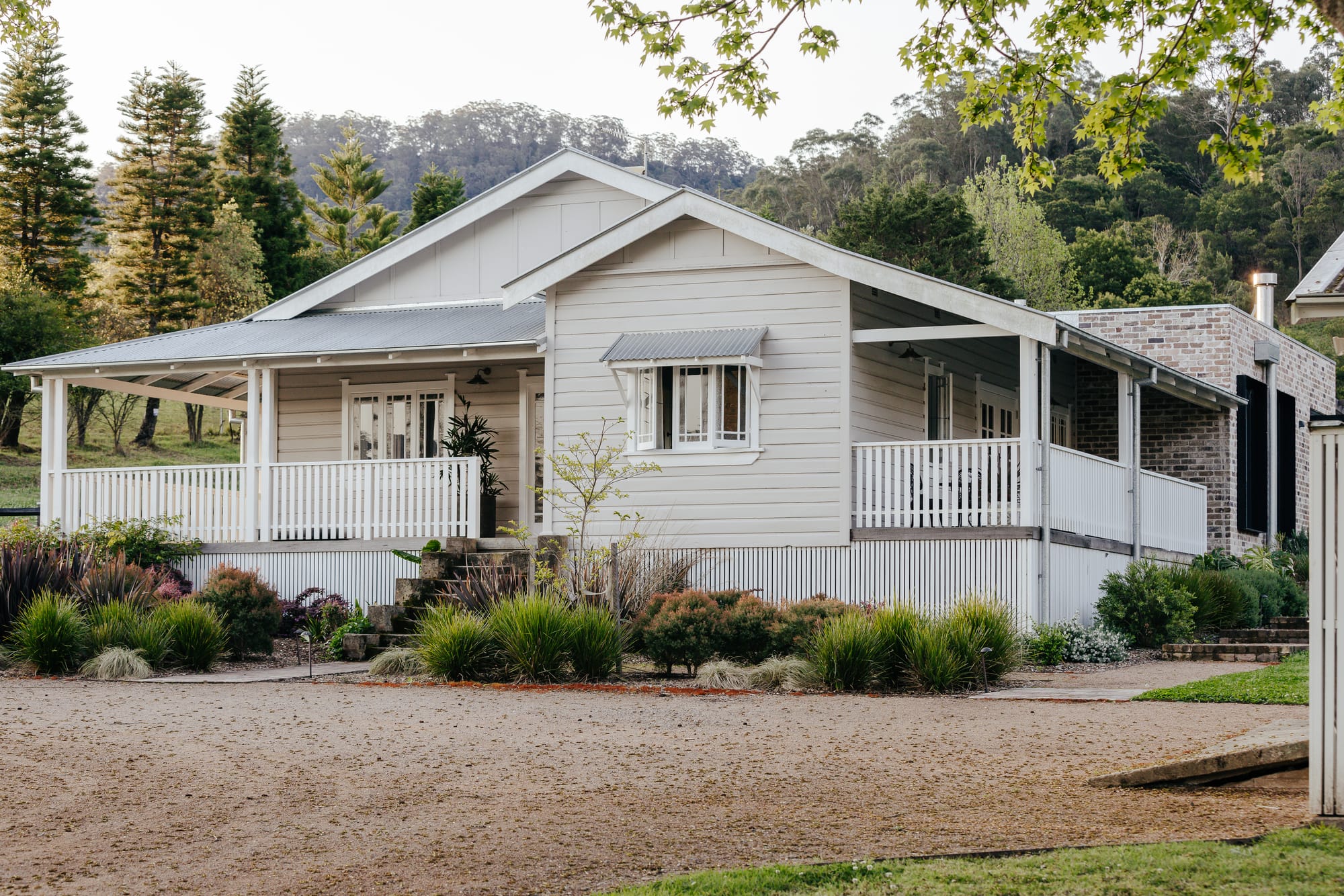 Front of period cottage with timber clad facade, wrap around verndah, white fencing and a pitched tin roof. Red gravel driveway and gardens in front of tin foundation.