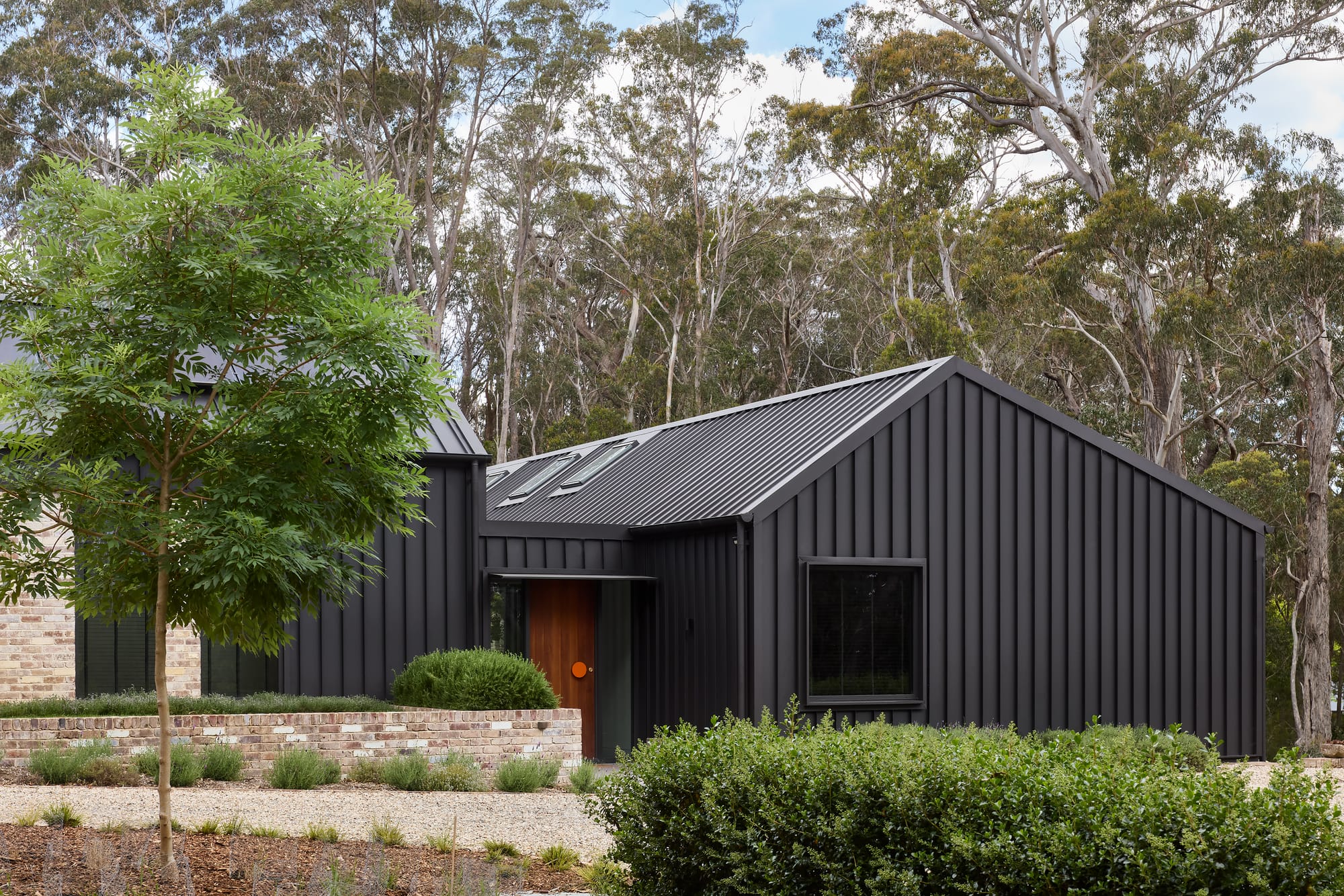 House Kimberley by AO Design Studio. Photography by Luc Remond. Timber front door on home with black clad exterior and recycled brick garden bed to left. 