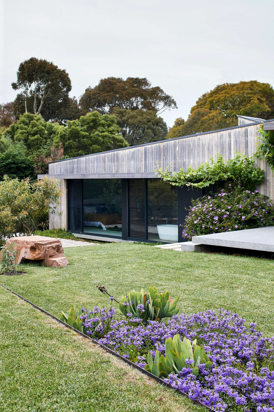 Coastal Court Flinders by Bower Architecture & Interiors. Photography by Shannon McGrath. Tiered grassy garden with purple flowers in foreground, red rock in mid ground and timber home in background.