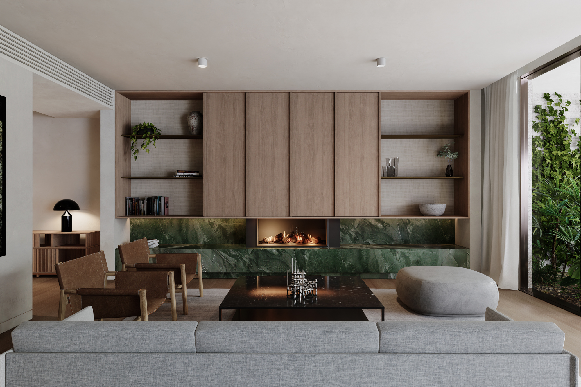 Toorak Village by KHA. Render by KHA. Living space with grey couch, jade stone feature wall and light timber cabinetry and flooring.