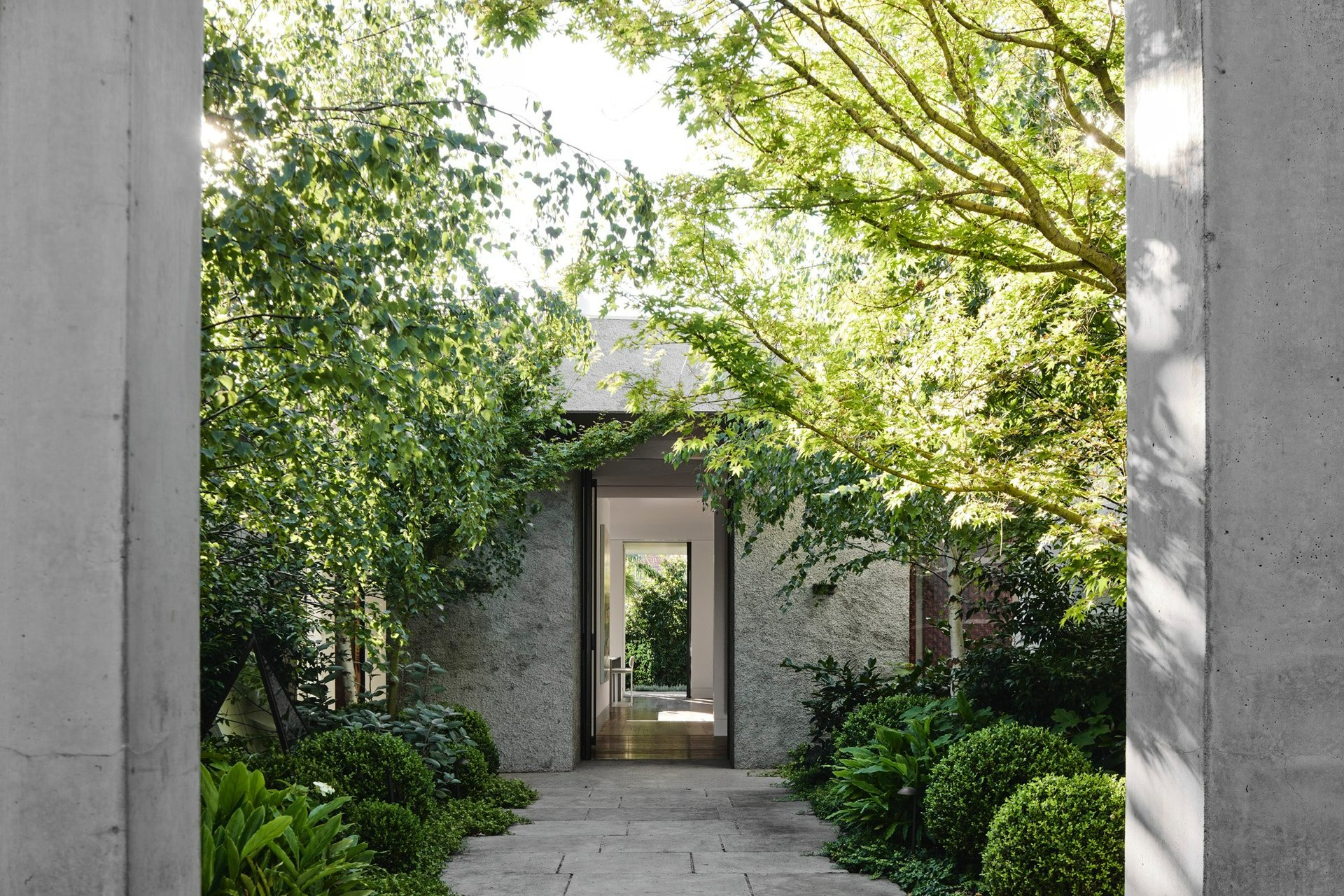 South Yarra III Victoria by Myles Baldwin Design. Photographer undisclosed. South Yarra III Victoria by Myles Baldwin Design. Photographer undisclosed. Heavily planted garden lining footpath leading to homes entrance in background.