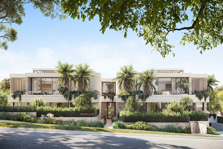 Oceans Newport by PBD Architects. Render by PBD Architects. Facade of multi-residential property with palm trees, white exterior and tiered gardens and balconies.
