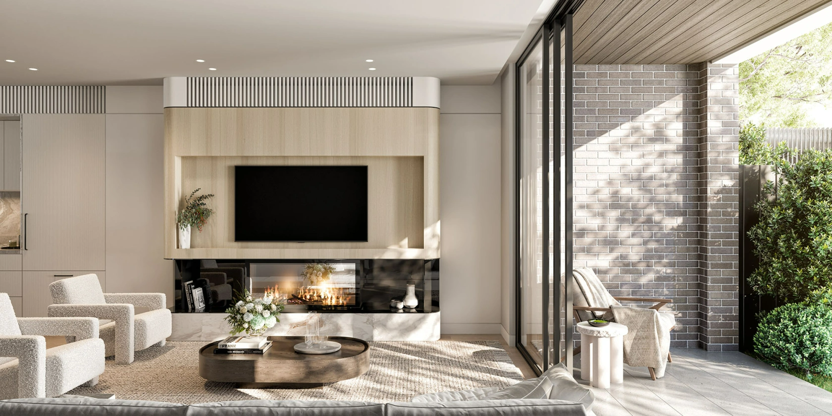 Mosman Bay Penthouse Collection by PBD Architects. Render by PBD Architects. Living room with white walls, jute rug and full height sliding glass door opening onto paved patio. 