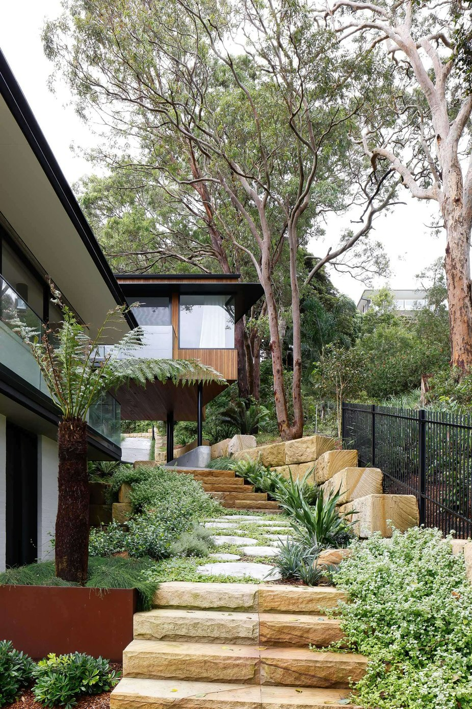 Lilli Pilli 01 by Watershed Architects. Photography by Simon Whitbread. Limestone natural footpath leading through garden and lined with floor cover green plants.