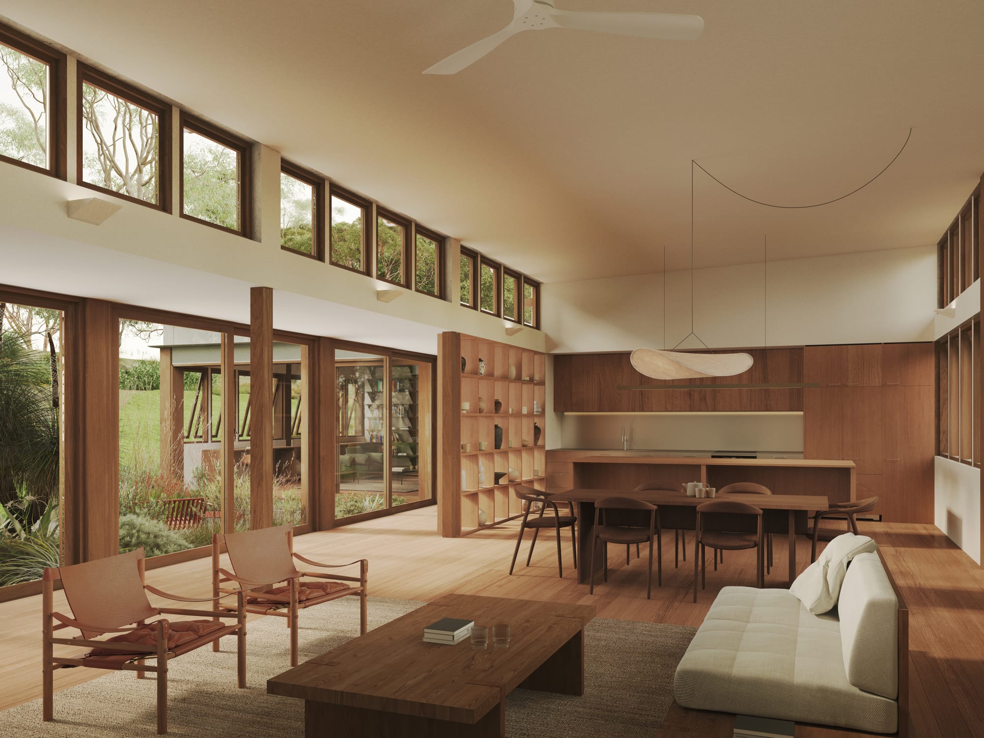 Mulloway by SAHA and Otetto. Render by CHOIRENDER. Entrance to home on timber stilts, with timber staircase and open garage to the left. 