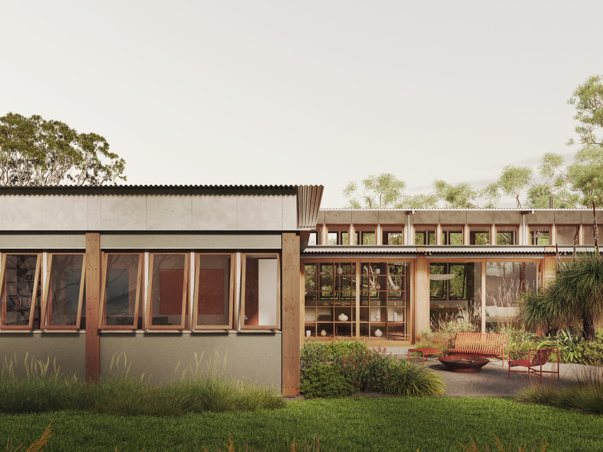 Mulloway by SAHA and Otetto. Render by CHOIRENDER. Front facade of pavilion home with timber framed windows and doors, skillion roof and grey exterior finish.