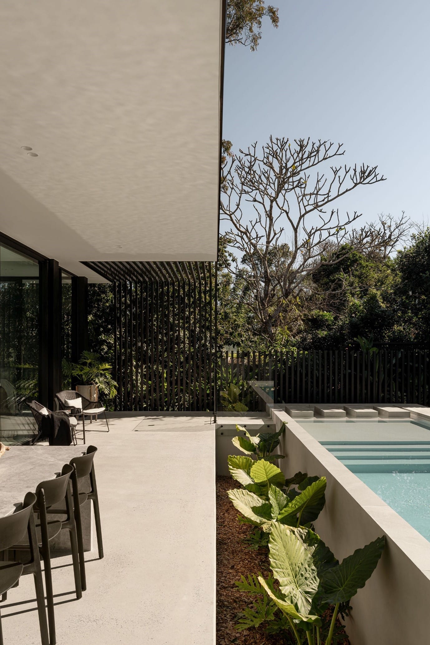 The River House, Indooroopilly by Sarah Waller Architecture. Photography by Alyne Media. Outdoor patio with concrete flooring running parallel to above-ground pool.