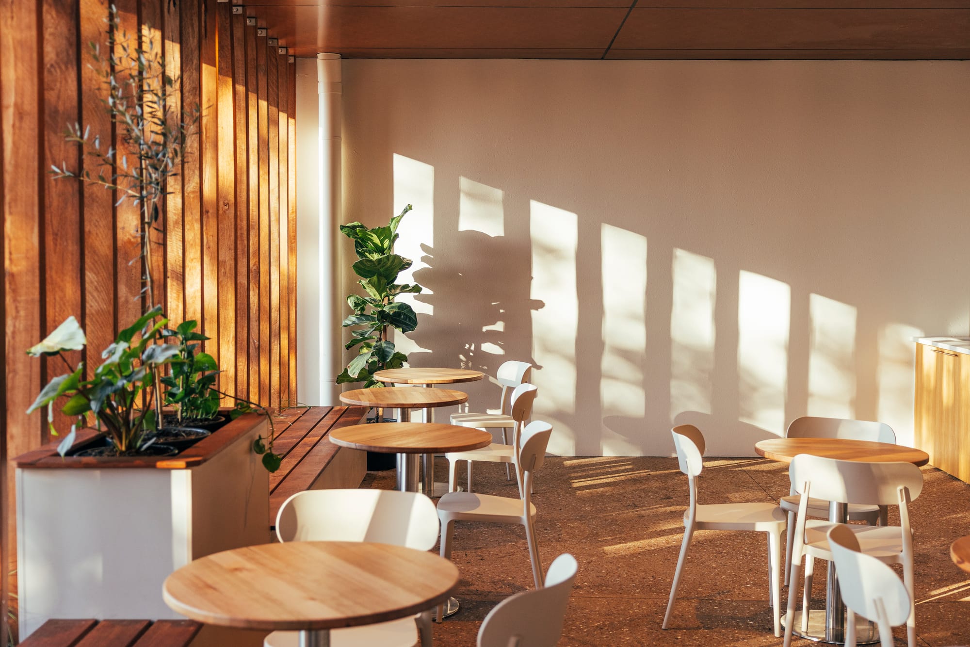 The Cafe by Bel.Bon Design. Photography by Sana Brotherson. Undercover outdoor space with timber screening, timber bench seating and tables, with white chairs and concrete flooring.