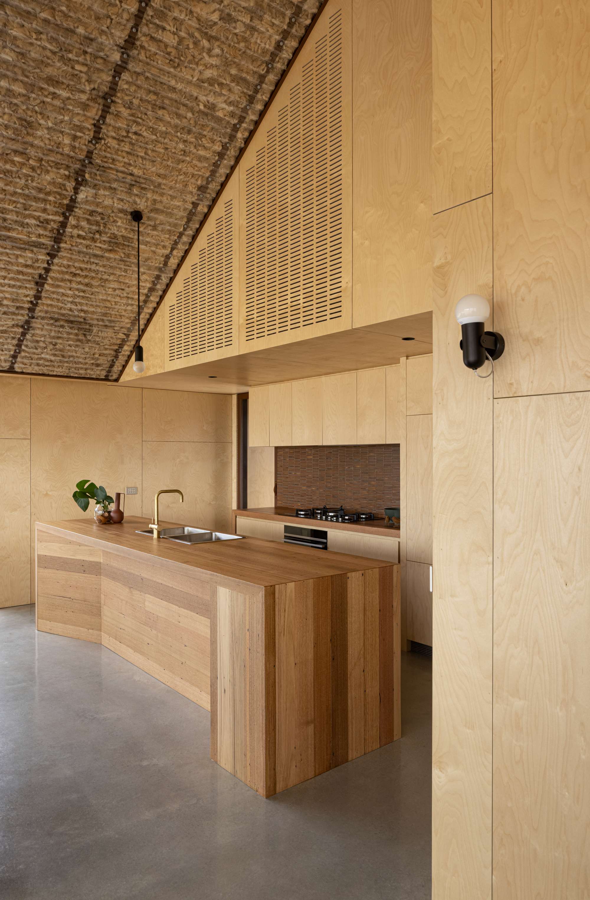 Plywood lined walls and ceiling with matching kitchen joinery.