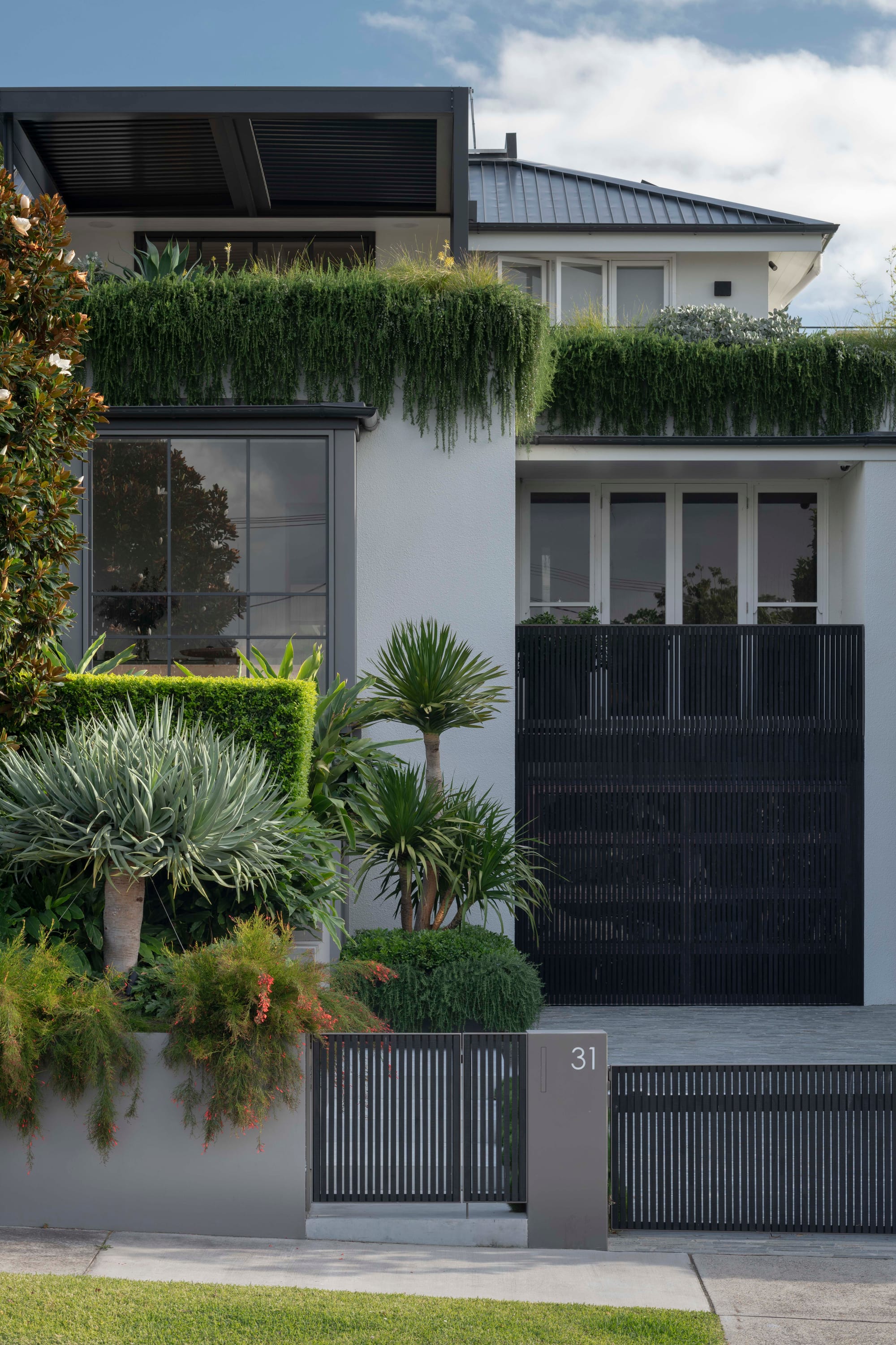 Front house with black gate and balm trees. Large windows and drive way.