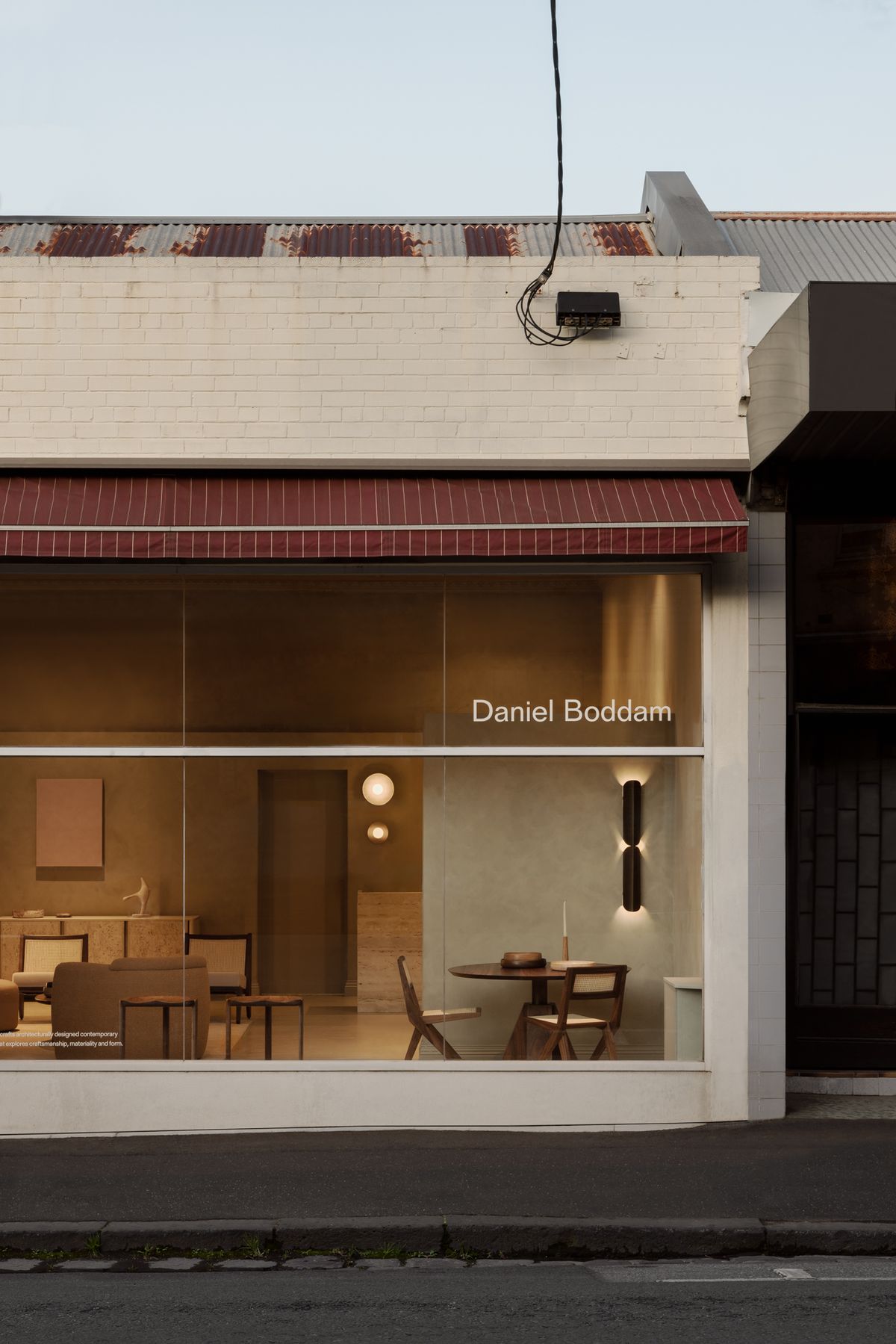 Daniel Boddam's new Melbourne Showroom showing the exterior view with mood lighting