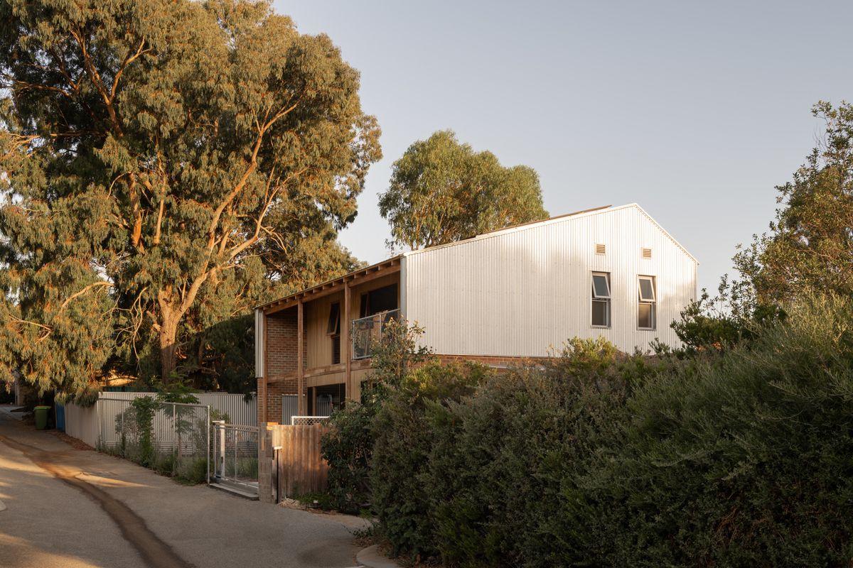 Farrier Lane Home MDC Architects. Brick, timber and tin facade home at golden hour. Tall trees and shrubs. Chain enclosingfen